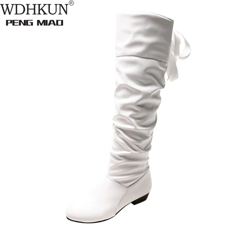 Spring Fashion Women Boots Botas Female Stretch PU Leather Shoes Woman Black Red White Roma Knee-Length 74f1
