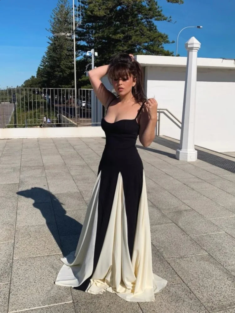 Elegant Black White Contrasting Women Sling Dress Fashion Backless Sleeveless High Waist Maxi Dresses Female Party Aline Robes 240826