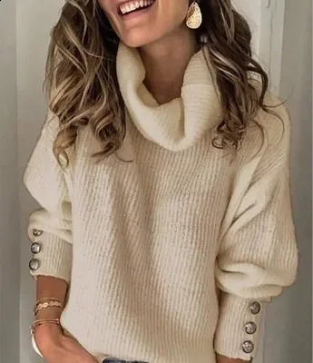 Europe and America Cross border Autumn Winter Product Solid Color Womens Sweater High Collar Knitwear 240730