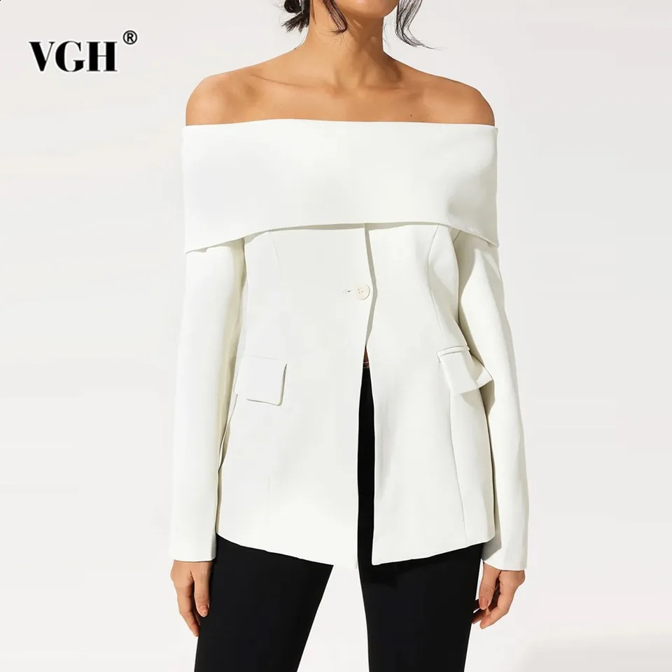 VGH Solid Patchwork Button Temperament Blazer For Women Slash Neck Long Sleeve Slimming Blazers Female Fashion Style Clothes 240730