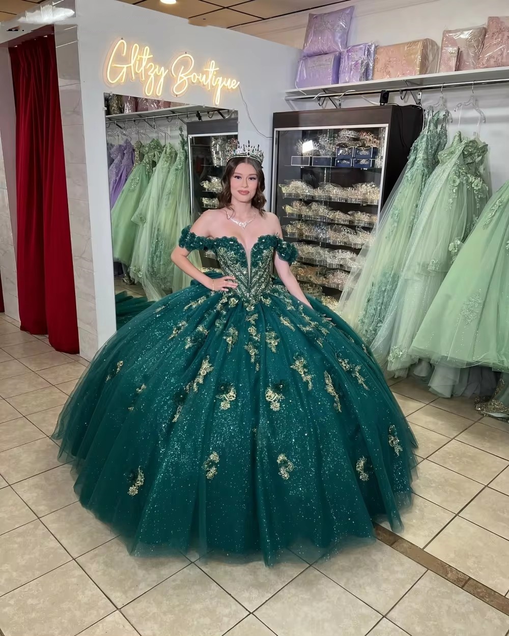 Elegant Dark Green Quinceanera Dresses Ball Gown Shiny Lace Applique Beading Bow Corset Sweet 16 Vestidos De 15 Anos