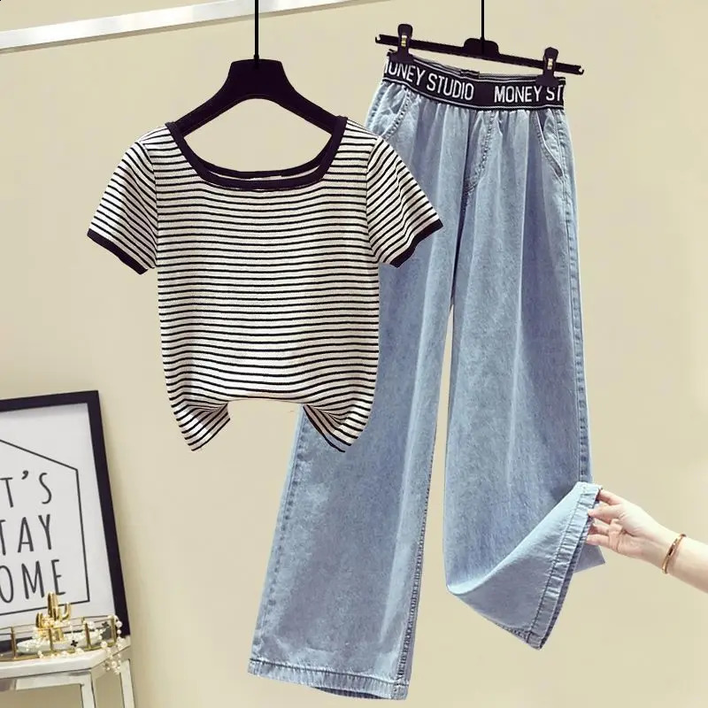 SpringSummer Set Womens Western Style Age Reducing Casual Tshirt Denim Wide Leg Pants Two Piece 240729