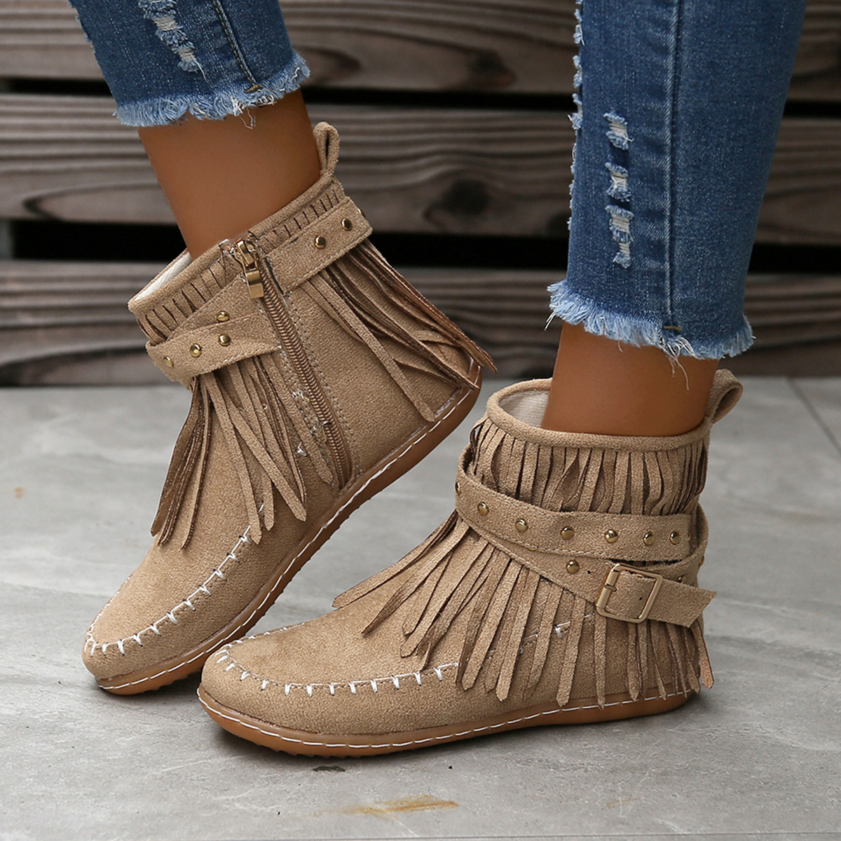 Style Bohemian Tassels Ankle Women Retro Faux Suede Buckle Strap Short Boots Woman Plus Size 43 Flat Heels Western Botas 942f