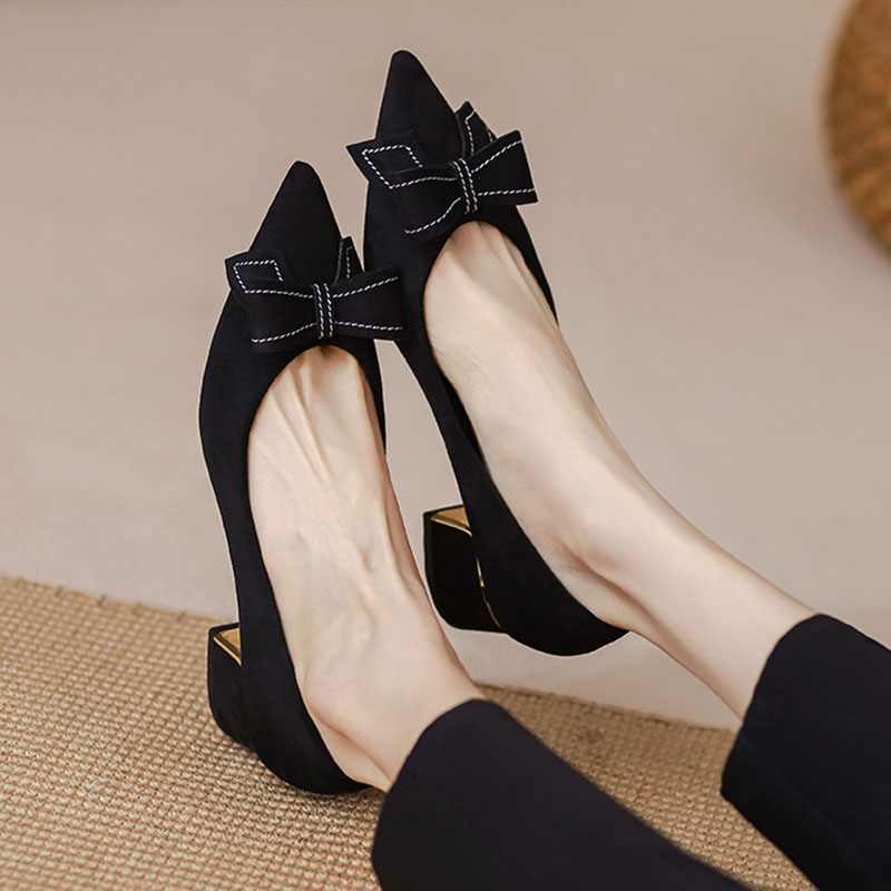 Plus Size 41 Women's Pumps Pointed Toe Mid Heels Dress Faux Suede Boat Shoes Sewing Bow Slip on atos Mujer Black 1243N