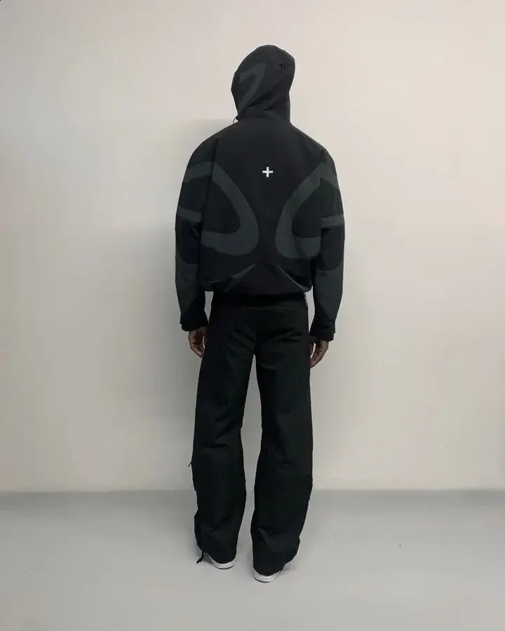 Y2K Trench Coat Mens Womens Zipper Jacket Harajuku Hip Hop Vintage Black Splicing Jacket Gothic Fashion Oversized Hoodies 240722