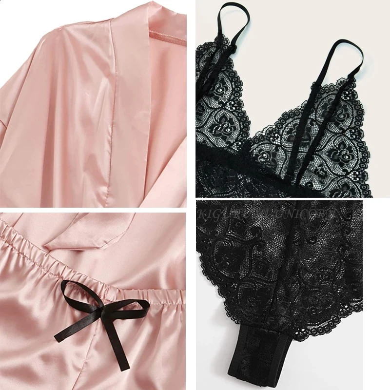 Woman Sleepwear 4pcs Floral Lace Trim Satin Pajamas Set with Robe Sexy Faux Silk Pijamas Robe Sets Casual Home Clothes Nightwear 240730