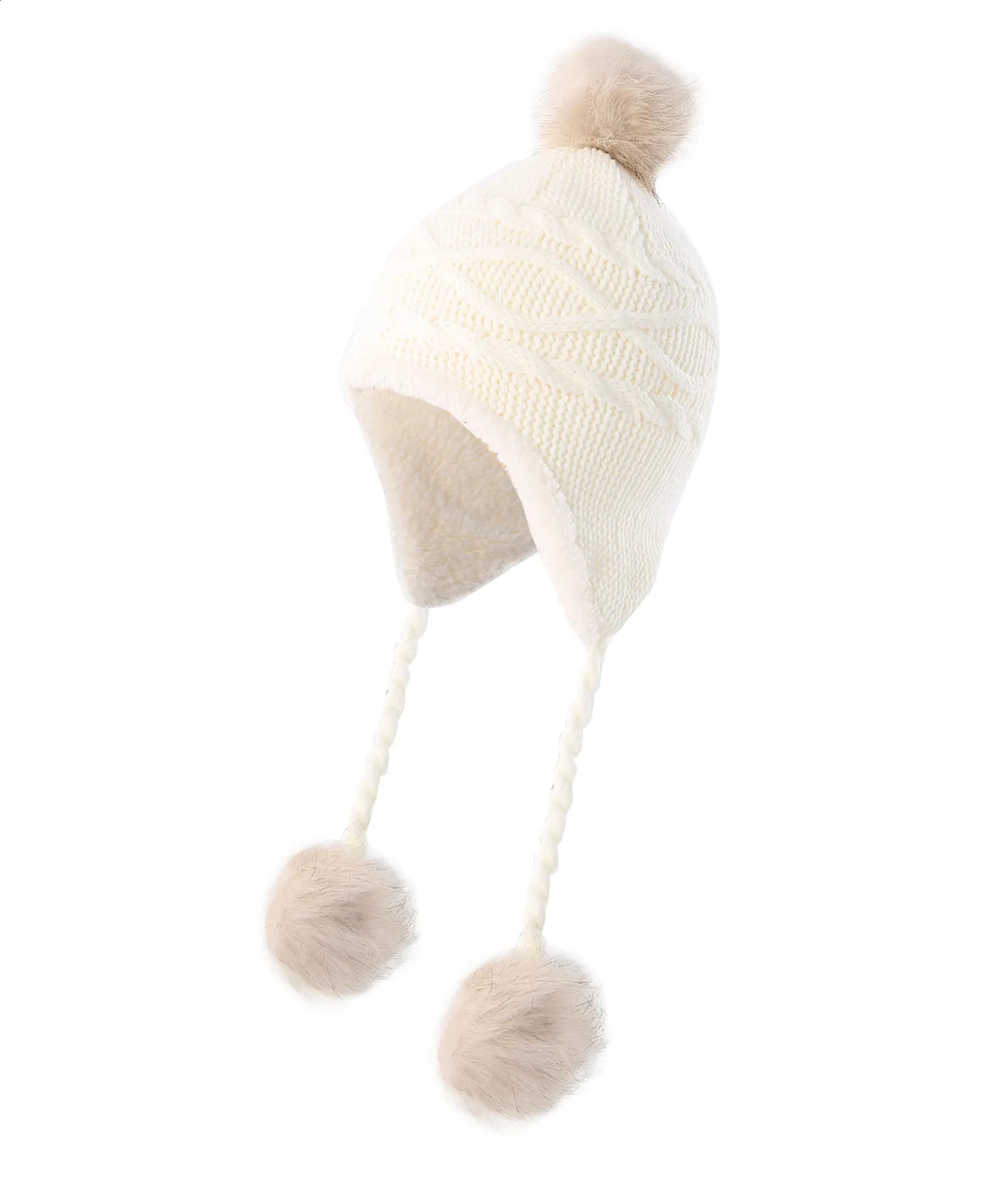 Connectyle Girls Cute Soft Sherpa Lined Skull Cap With Earflaps Hats Kids Winter Warm Beanie Fuzzy Peruvian Hat With Pom-Pom 240729