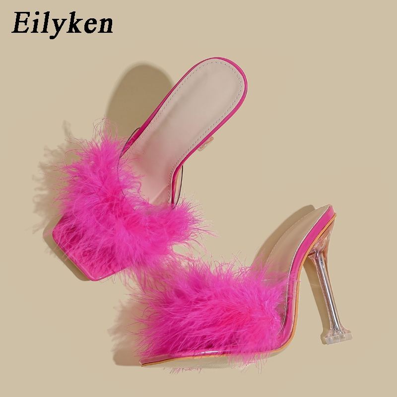 New Eilyken 2024 PVC Shoes Slippers Woman Feather Transparent High Heels New Fur Pumps Square toe Mules Lady Slides a61a
