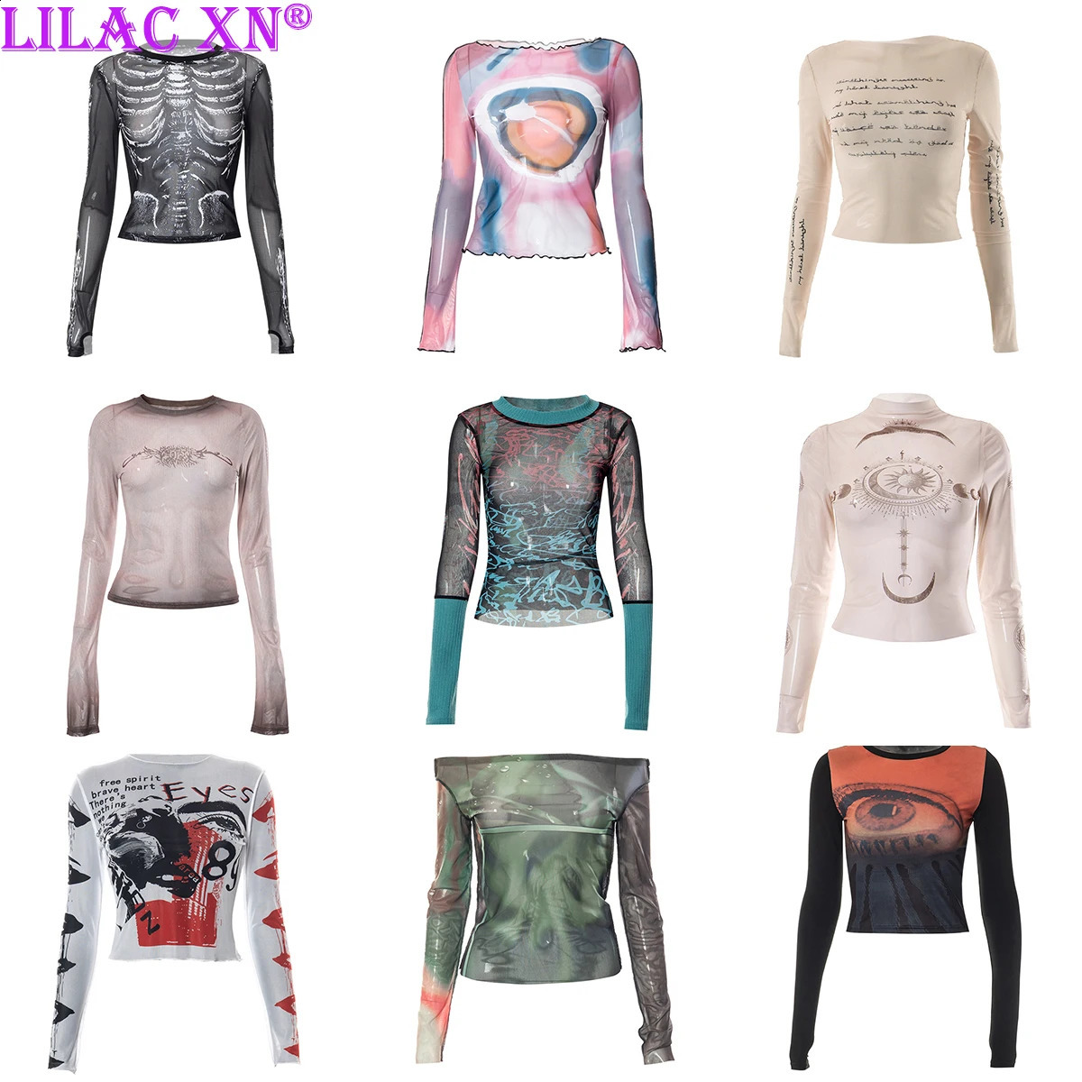 Y2K Sexy Lace Mesh See Through T-Shirts Goth Graphic Print Long Sleeve Knit Patchwork Tops Vintage Women Summer Streetwear 240730