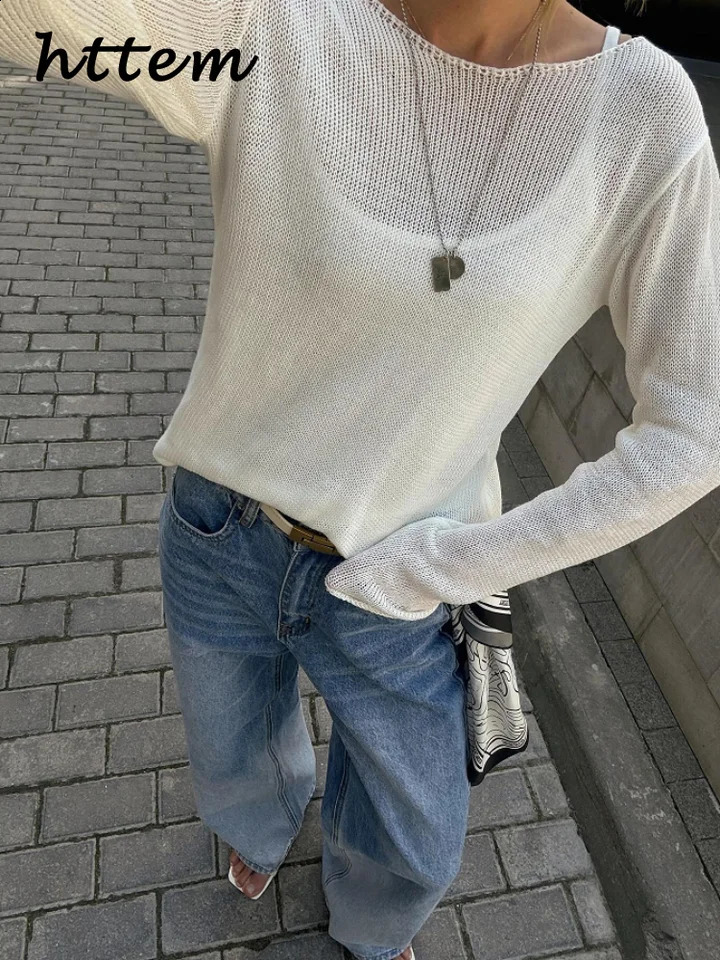 Elegant Knitted Hollow Floral Womens Loose Oneck Long Sleeve See Through Jumper Summer Y2k Fashion Beach Sweater w240812