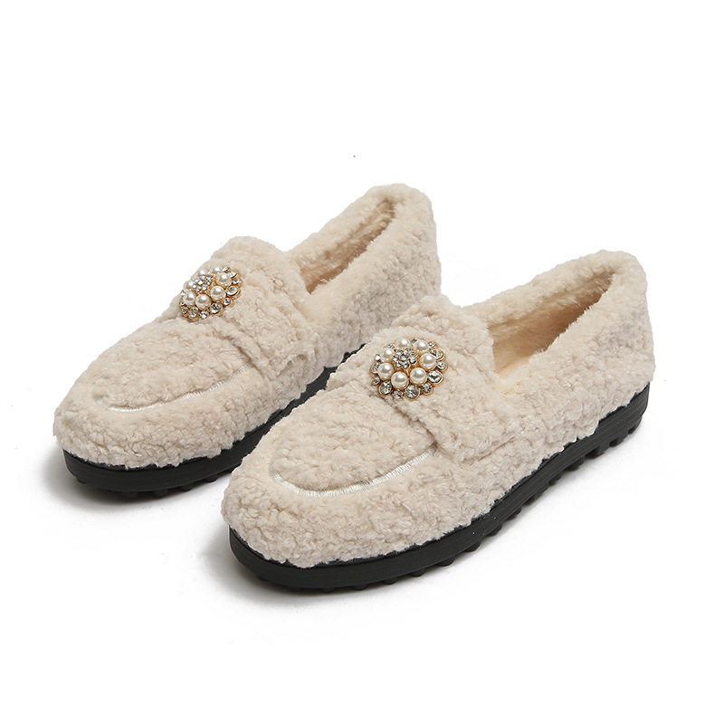 2023 Lambswool Moccasins women warm plush winter shoes woman espadrilles comfy fleeces loafers crystal pearl fur flats plus size