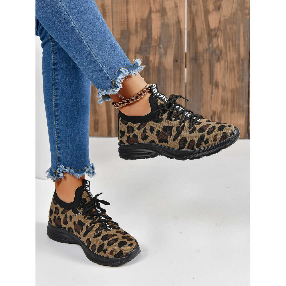 S Large Ddmysports Casual Leopard Print Lace Up Knitted Breathable Sports Shoes Running For Women Outdoor Shoes ports hoes hoes