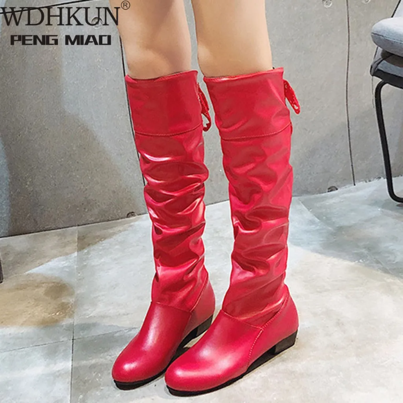 Spring Fashion Women Boots Botas Female Stretch PU Leather Shoes Woman Black Red White Roma Knee-Length 74f1