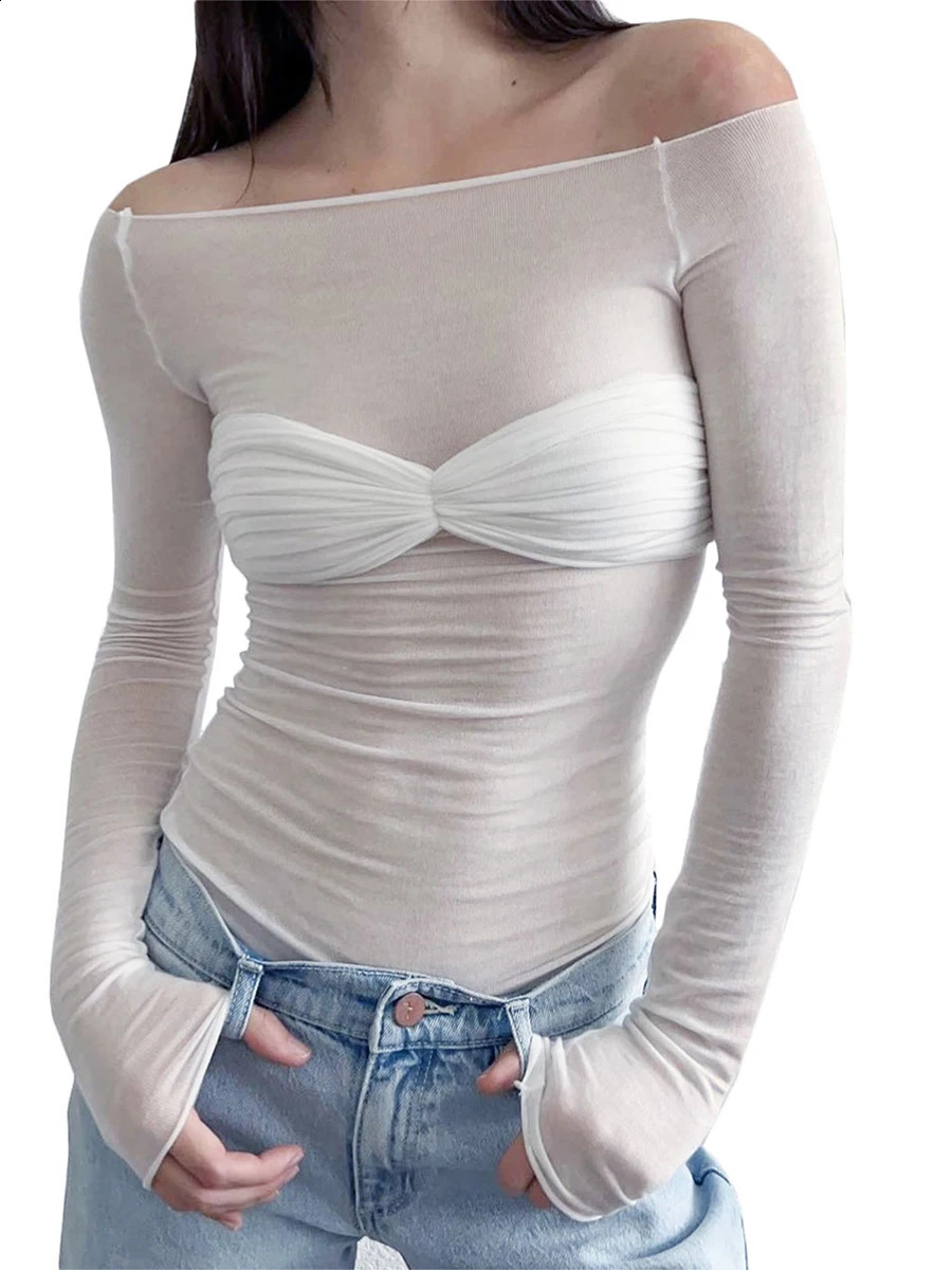 Women Off Shoulder Shirt Y2K White Long Sleeve Slim Fit Top Tee Sexy Streetwear Blouse Tops 240730
