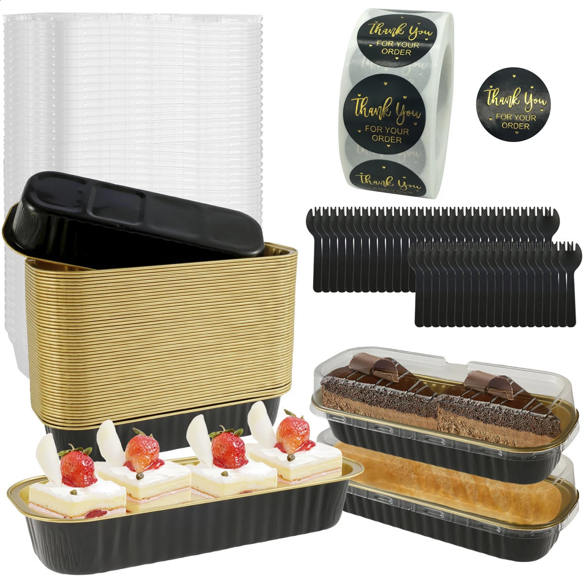 50Pcs Mini Loaf Pans with Lids and Spoons 6.8oz Rectangle Aluminum Foil Baking Pan Mini Bread Container Heat-Resistant Cake Pans 240729