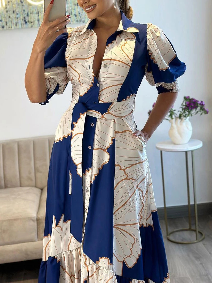 Women Floral Print Long Dress Summer Casual Turn-down Collar Half Sleeve Loose Big Swing Dress Female Vintage Beach Maxi Dress240730