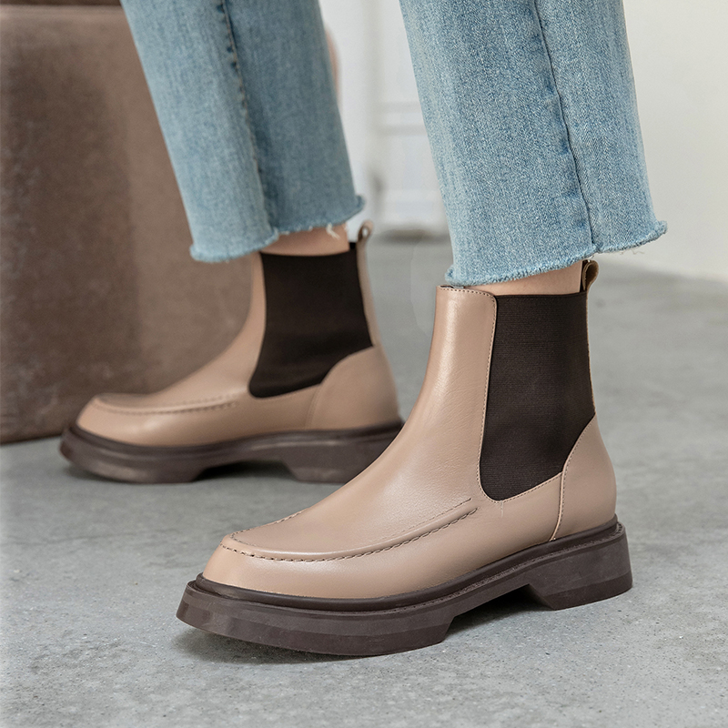 2021 Retro British Style Slip-On Chelsea Boots Genuine Leather Women's Boots Fashion Ankle Boots Round Toe Flat with Women Shoes