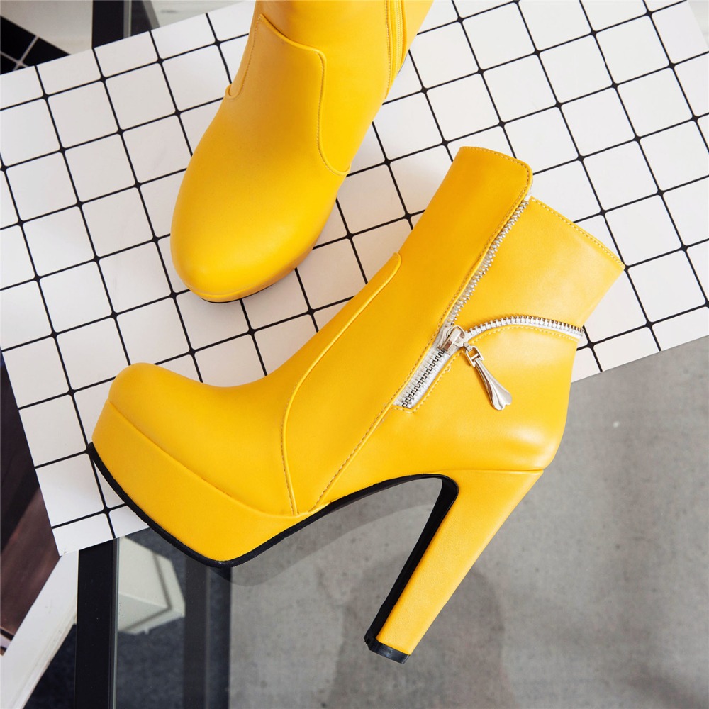 Women Fashion Ankle High Heels Platform Motorcycle Boots Zipper Yellow Black White Short Shoes Female Large Size 34- 48 6c1b