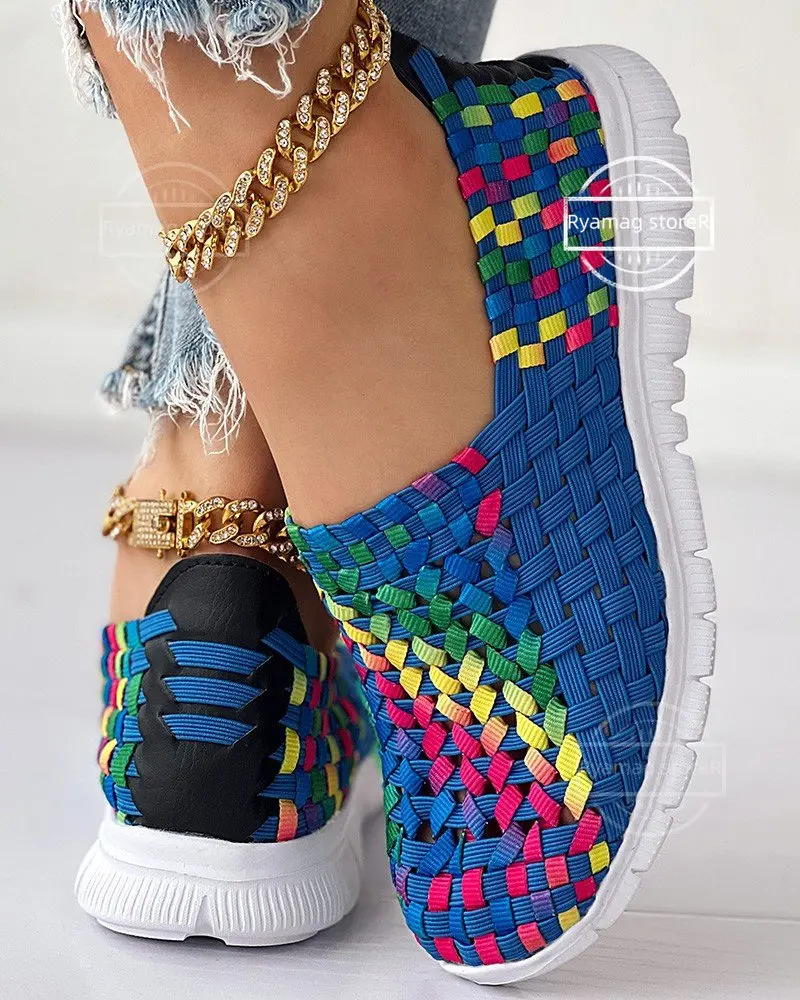 Sneakers women's Colorblock Braided Slip-on Women Flat Shoes Elastic Band Weave Shoes Women Flat Shoes Loafers Zapatos De Muje