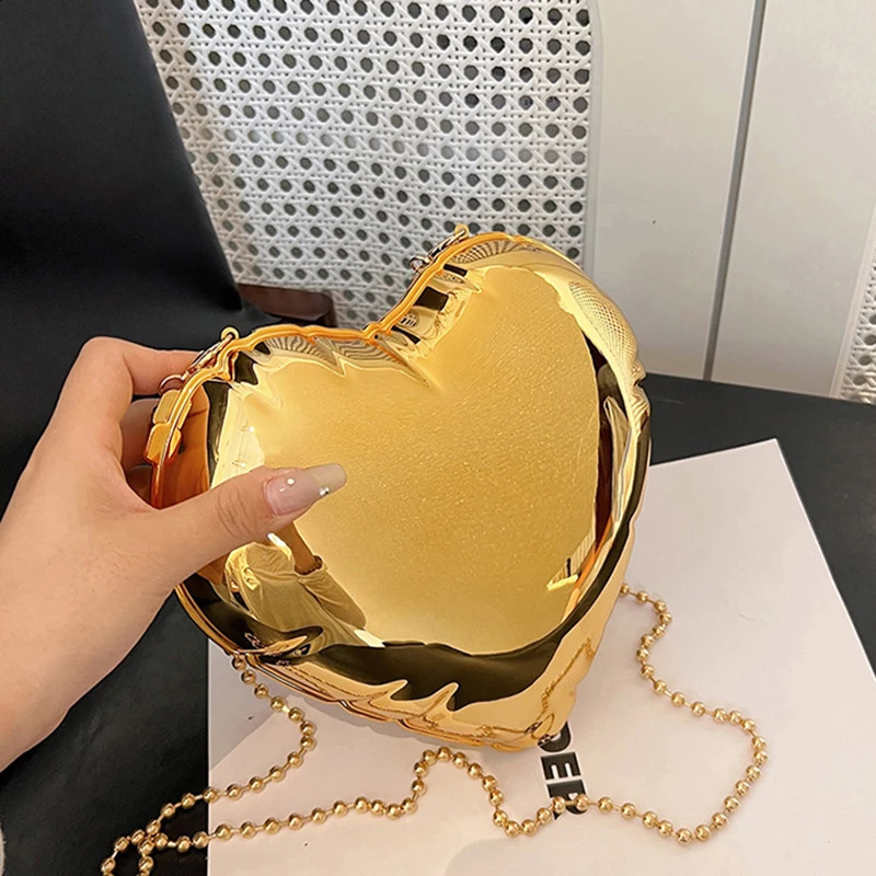 Heart Cute Shiny Gold Love Shape Shoulder Bags For Women Metal Material Fashion Crossbody Messenger Bag Party Purse 240730 afa6 4