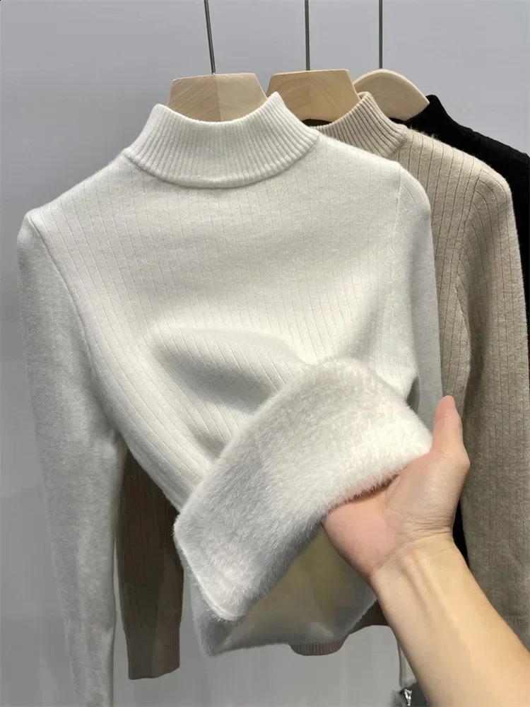 Winter Warm Sweater Pullover Women Slim Thicken Plush Velvet Lined Knitwear Jumper Korean Half Turtleneck Poleras Soft Knit Tops 240730