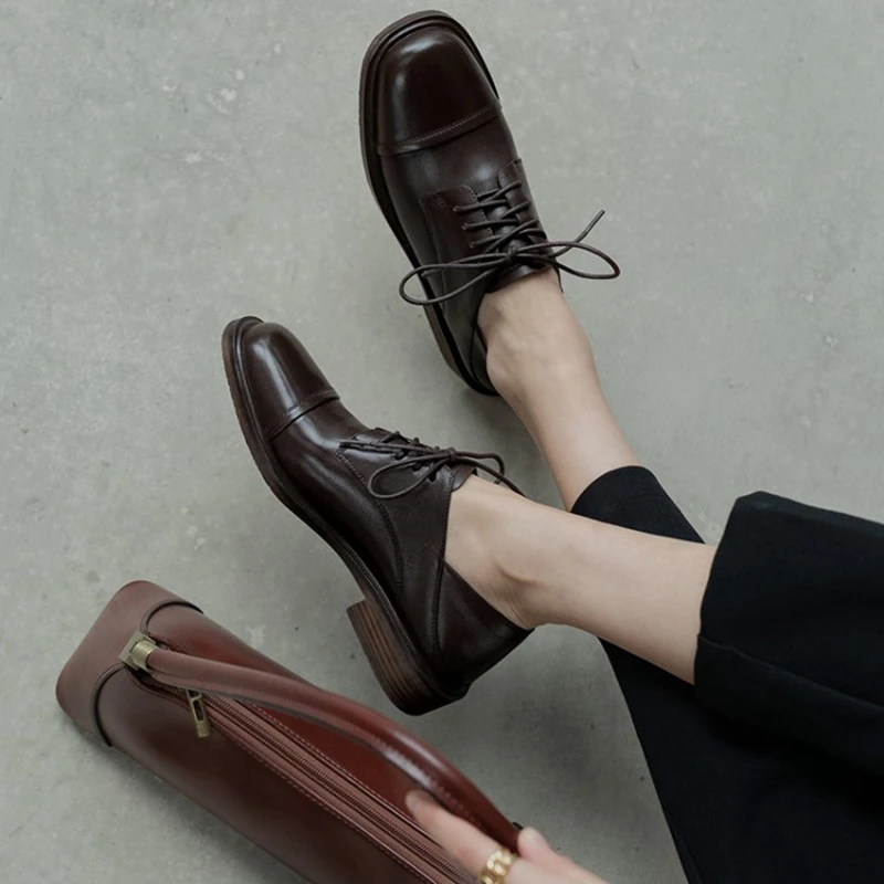 HOT SALE Spring/Autumn Women Loafers Genuine Leather Shoes for Women Round Toe Low Heel Women Pumps Casual Lace-up Oxford Shoes