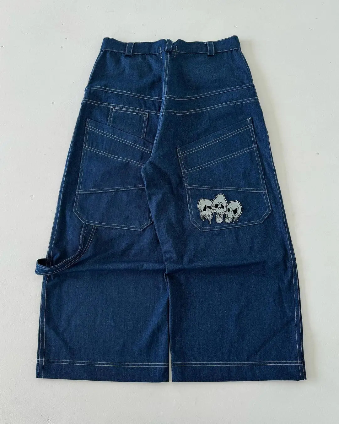 blue big pocket Skull printed loose Jeans Hip Hop streetwear fashion trend Straight pants casual Wide Leg pans Y2k 240806