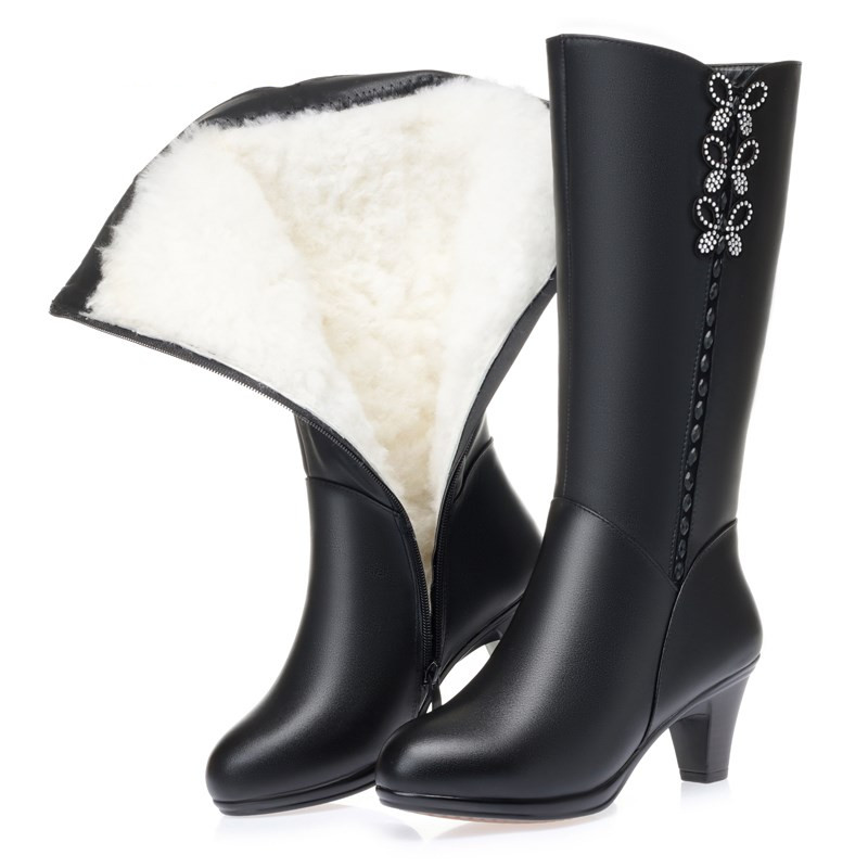 AIYUQI Women High Boots Shiny 2024 New Genuine Leather Wool Warm Women Winter Boots High Heel Fashion Office Boots Women