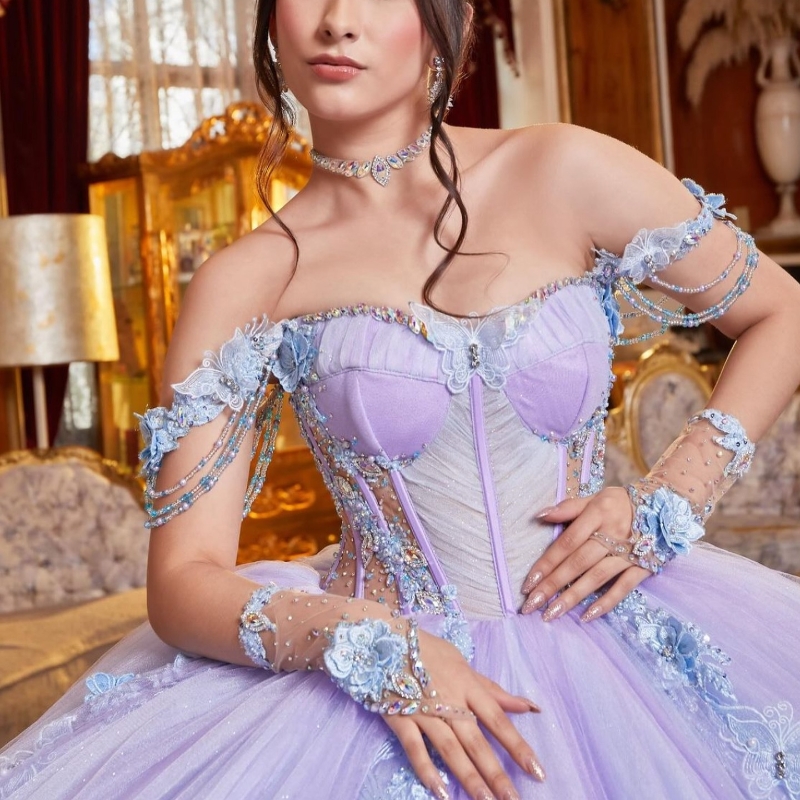 Lilac Quinceanera Dresses Sweetheart Off The Shoulder Applique Bow Beads Tull Puffy Party Ball Gown Vestidos De XV 15 Anos