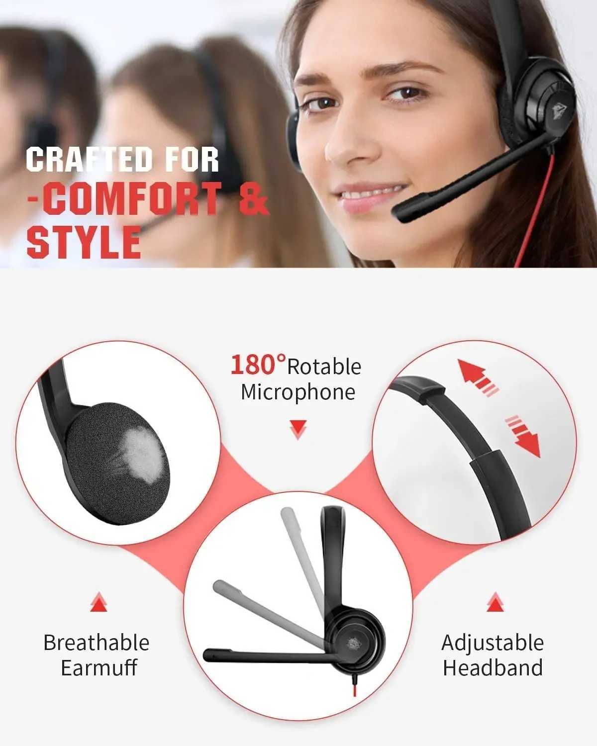 NUBWO HW02 USB Computer Headset with Clear Chat Mic On-Ear Wired Headset for MS Teams Skype Webinars Call Center and MoreM240729