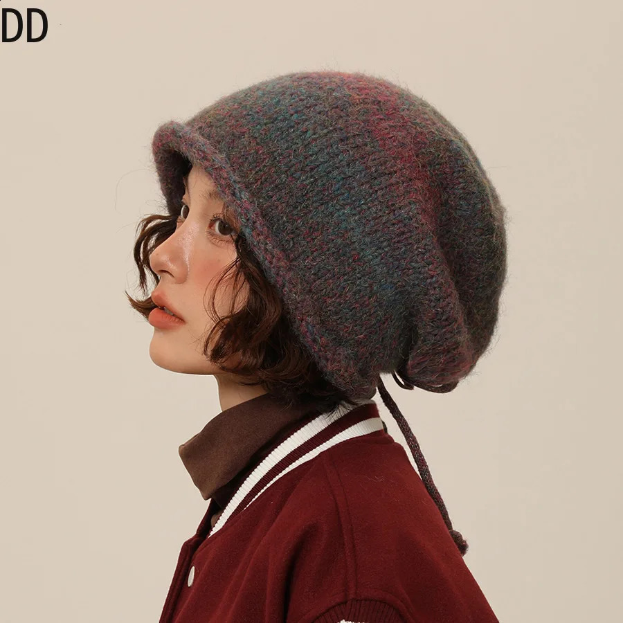 Chic Design Women Beanie Autumn Winter Gradient Drawstring Stacked Hat Female Face Small Knitted Cap Thermal Couple Skullcap 240729