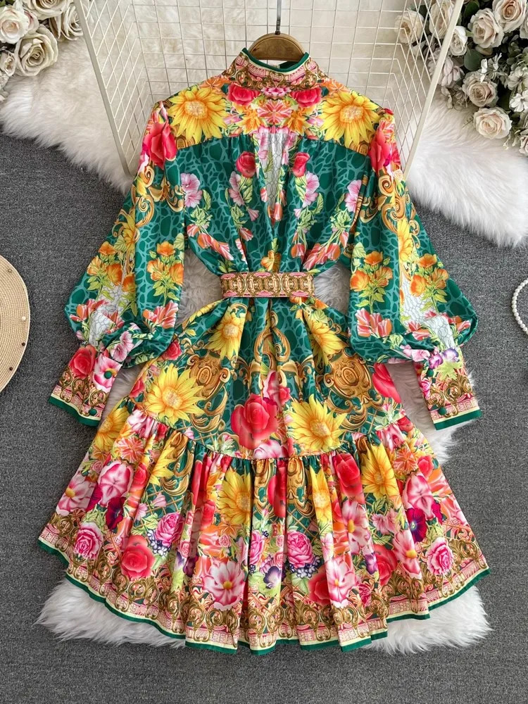 Spring Summer Holiday Floral Ruffles Dress Womens Stand Long Lantern Sleeve Flower Print Buttons Lace Up Loose Vestidos Clothes240730