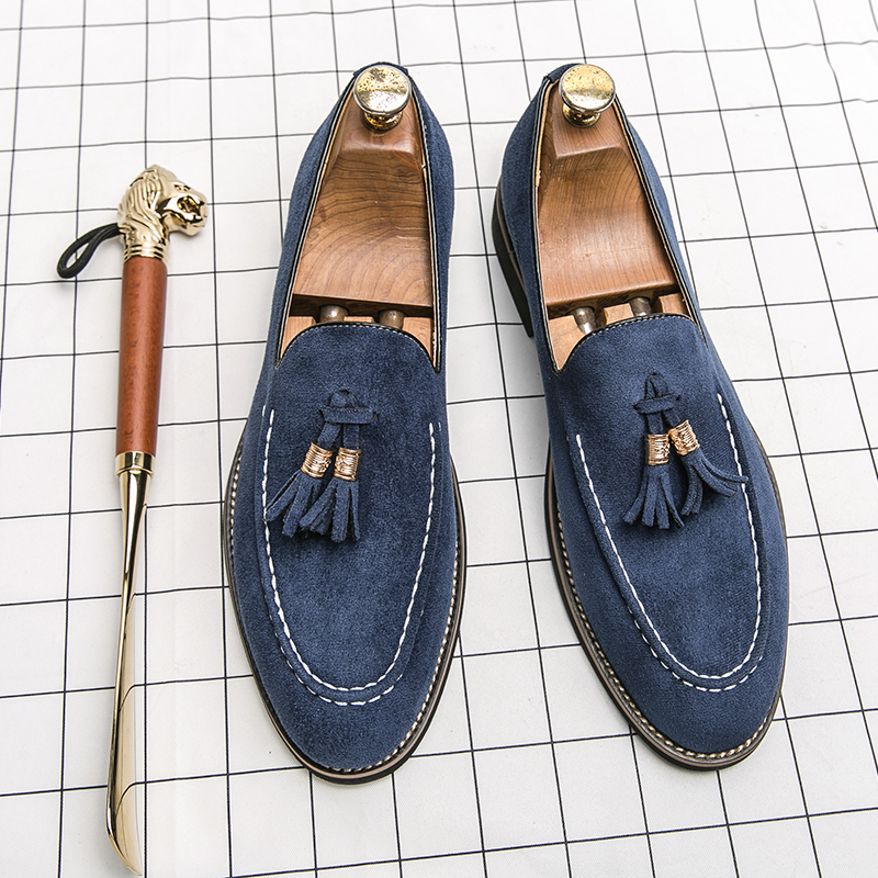 for Loafers Shoes Men 2024: Blue Suede Slip-On Tassel Loafer with Pointed Toe 4