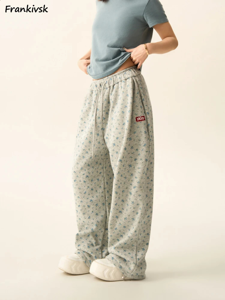 Pants Women Slouchy Floral Korean Style Vintage Spring Autumn Baggy High Street All-match Fashion Trousers Leisure Daily College 240730