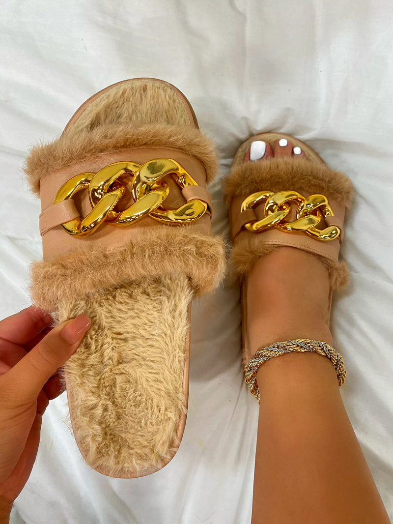 2021 Winter Plush Slippers Fashion Open Toe Solid Color Women's Sandals Metal Chain Outdoor Casual Women's Shoes Fashion Shoes