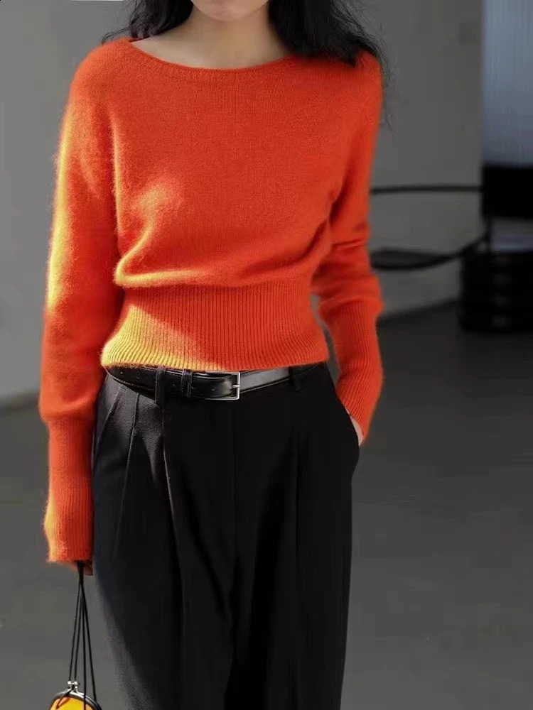 Women 100% Merino Wool Soft Sweater High Waisted Straight Neck Pullover Autumn Winter European Waistband Bottoming Knitted Top 240730