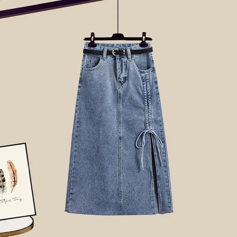 Summer Oversized Two Piece Skirt Set For Women Long Sleeve BlouseHigh Waist Denim Skirt two-piece Jeans Skirt Set Female 240812