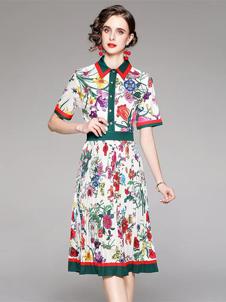 Fashion Runway Summer Striped Flower Dress Womens Turn Down Collar Short Sleeve Floral Print Midi Tunic Party Pleated Vestidos240730