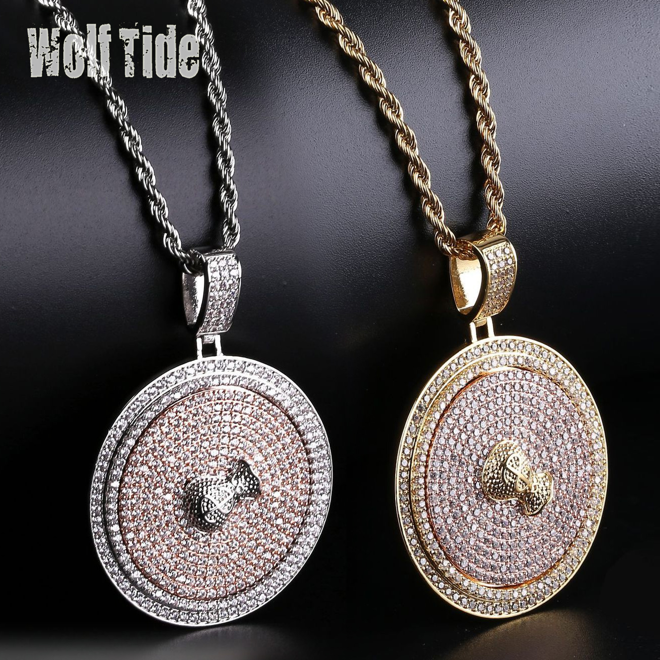 Personalized 18K Gold Plated Iced Out CZ Zirconia US Dollar Sign Money Bag Round Rotating Pendant Chain Necklace Hip Hop Rapper Jewelry Gift
