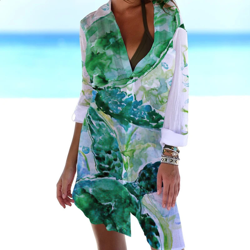 Summer 3D seahorse and turtle print shirt beach sexy jacket long sleeved womens vest dress 240729
