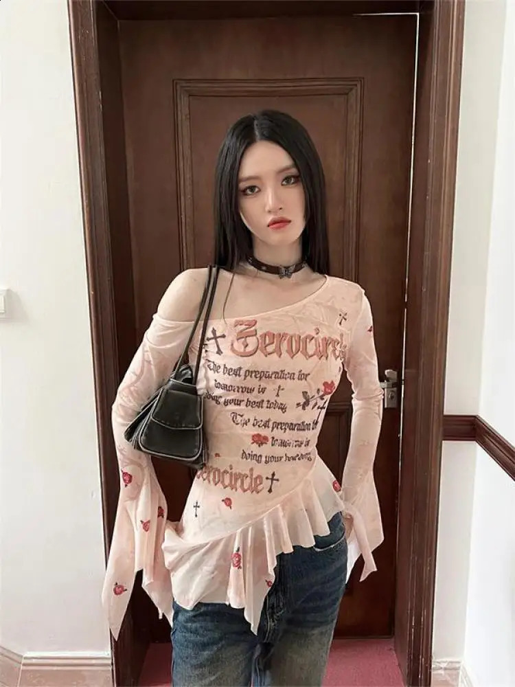 Yedinas Streetwear Flare Sleeve Mesh Tops Long Korean Fashion Off Shoulder Print T Shirt Women Clothes Ladise Y2k 240729