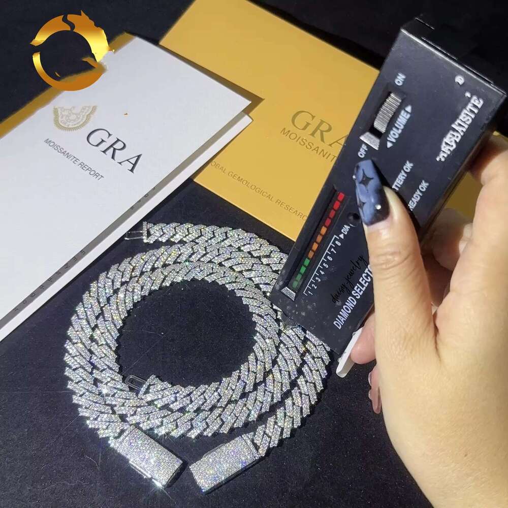 hip hop jewelry cuban link chain necklace designer for men 2 row bling moissanite dia 14MM wide choker iced out chains necklaces prong gold plate rock