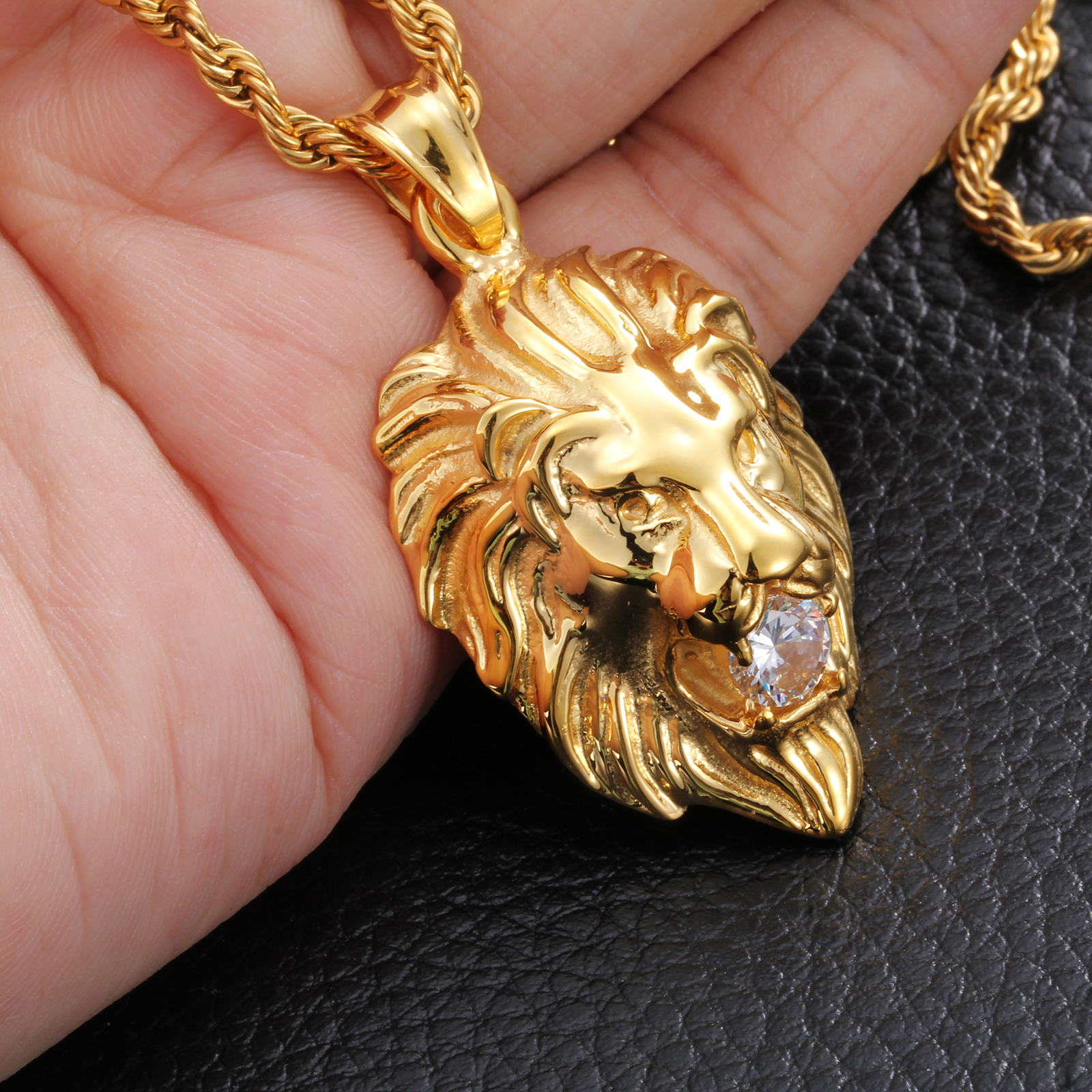 Sophisticated Male Lion Head Chain Necklace - Superior Quality 316L Stainless Steel & Genuine 18k Gold Plating