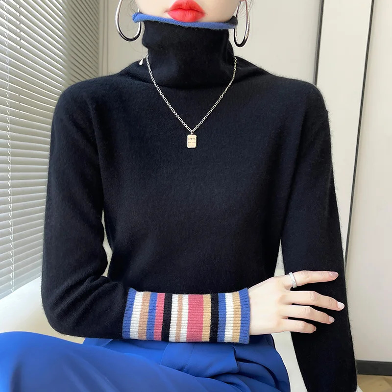 100% Merino Cashmere Sweater Womens Collar Pullover 22Autumn and Winter Knitted Bottoming Shirt Fashion Colorblocking Tops 240730