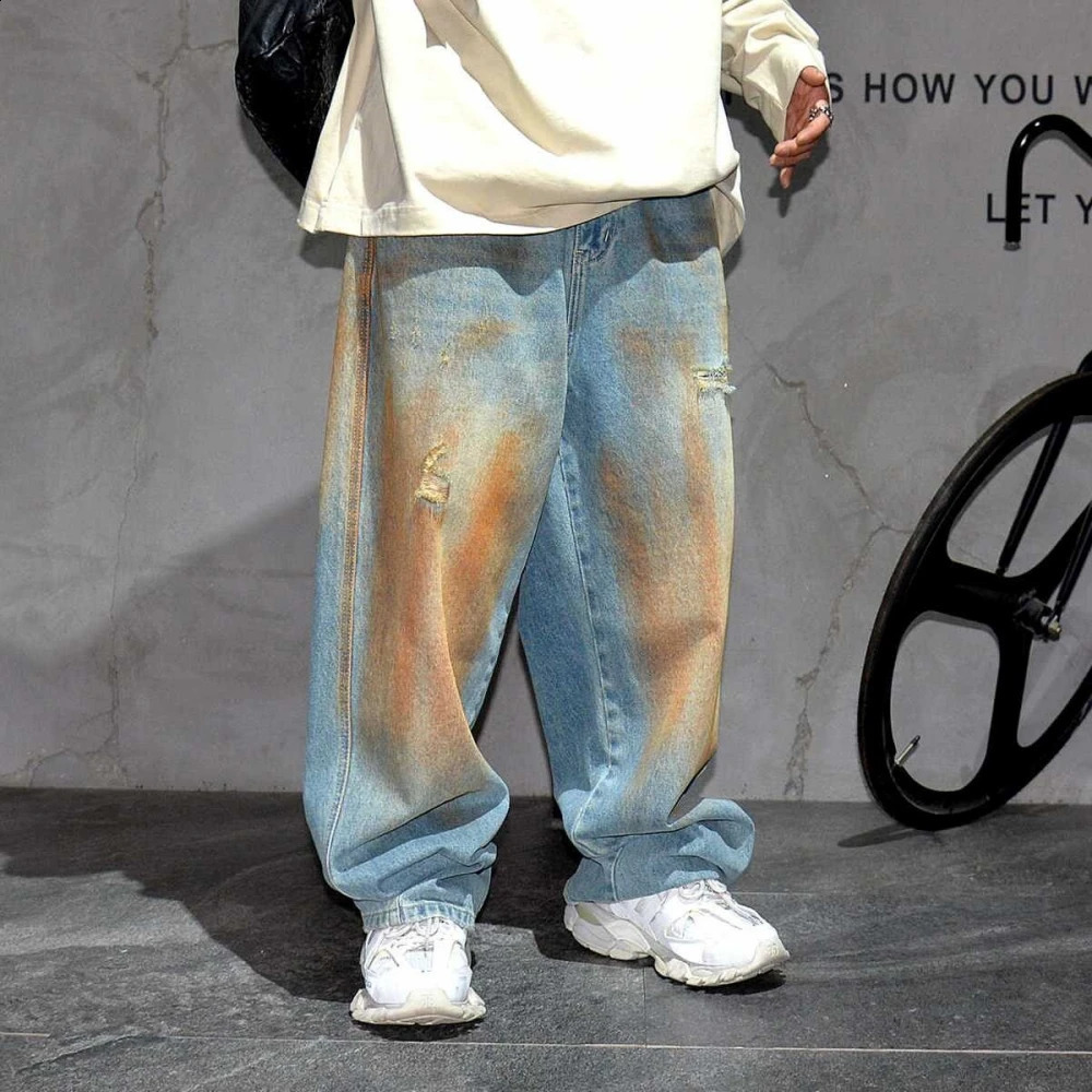 Korean clothing hiphop bag jeans mens Kpop Distressed Ripped denim cargo pants street 240816