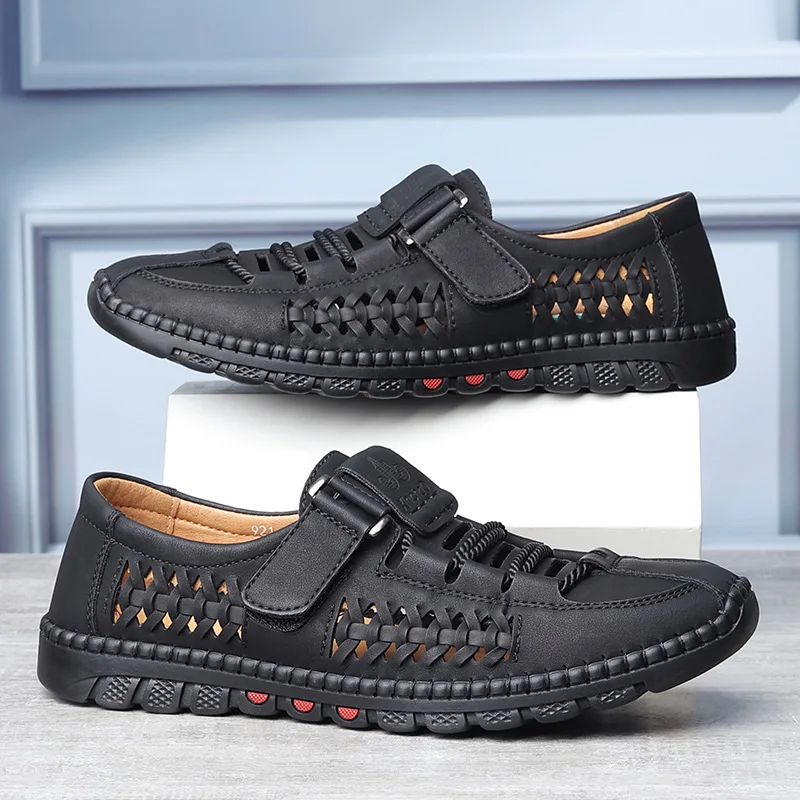 Summer Men Leisure Breathable Comfort Mens Beach Shoes Fashion Solid Hand Sewn Male Flat Casual NEW Leather Sandals 801c
