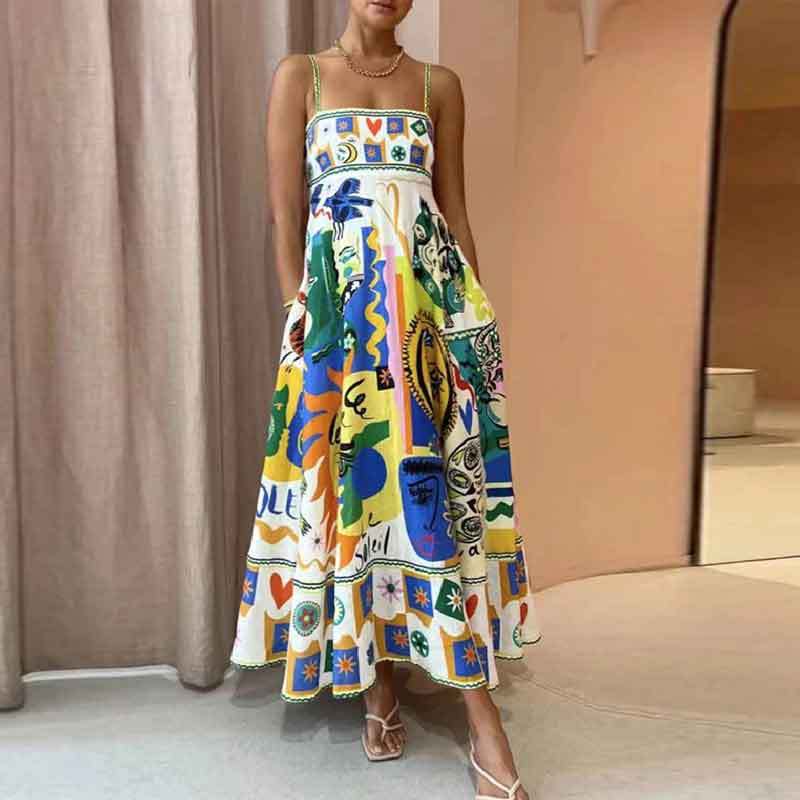Basic Casual Dresses Elegant Print Colorful Long Dress Women High Waist Straps Backless Sexy Ladies Summer Beach Vaction Robe