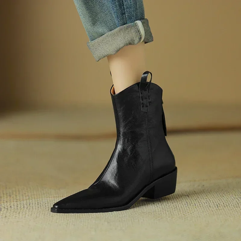 2024 Autumn/winter Genuine Leather Western Women Shoes Pointed Toe Chunky Heel Retro Ankle Boots 188e