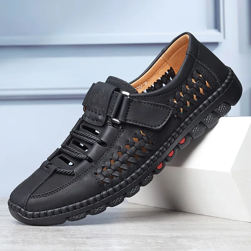 Summer Men Leisure Breathable Comfort Mens Beach Shoes Fashion Solid Hand Sewn Male Flat Casual NEW Leather Sandals 801c