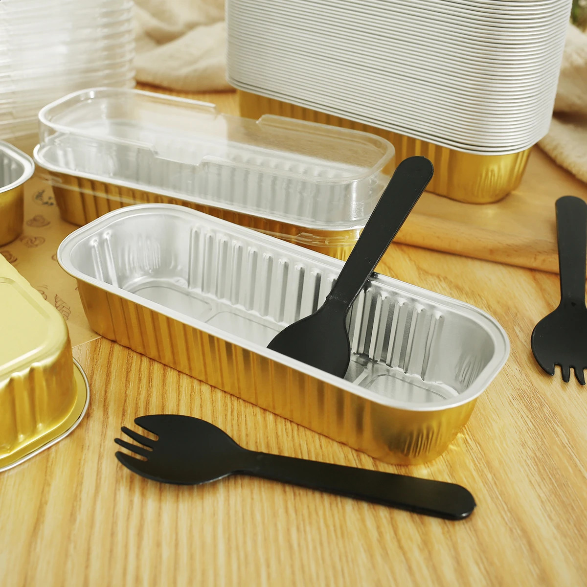 50Pcs Mini Loaf Pans with Lids and Spoons 6.8oz Rectangle Aluminum Foil Baking Pan Mini Bread Container Heat-Resistant Cake Pans 240729